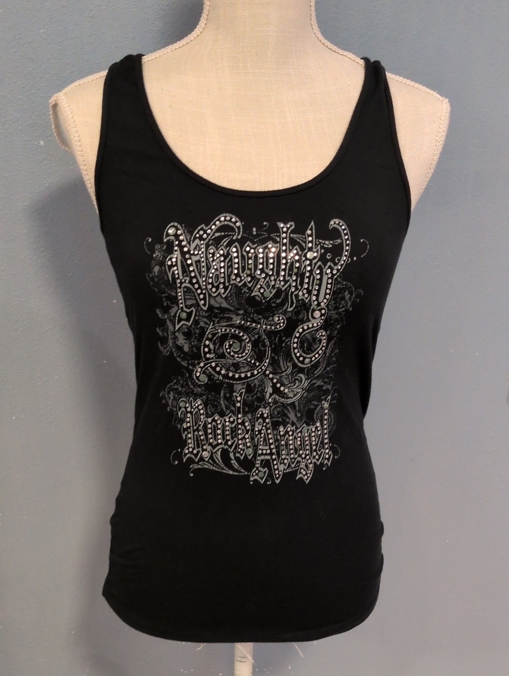 Express Y2K Retro Naughty Rock Angel Rhinestones Distressed Tank Top Rockabilly